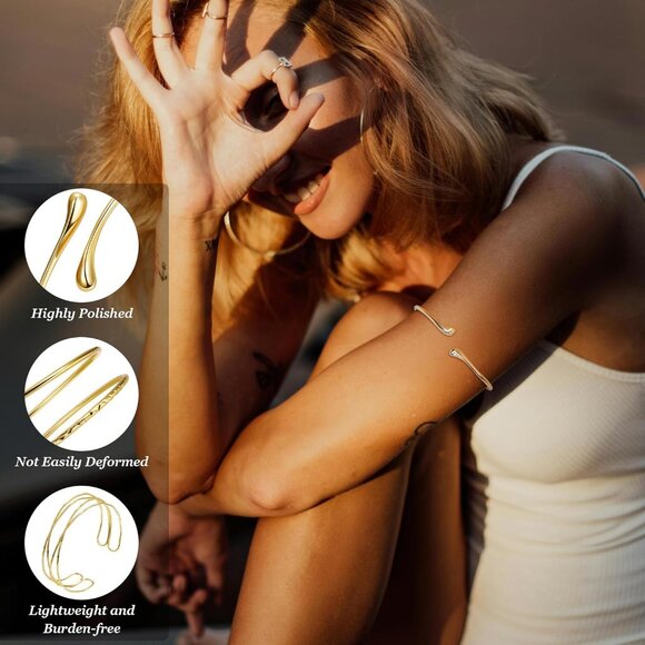 3Pcs Arm Cuff for Women Boho Coil Arm Cuff Bangle Set Adjustable Minimalist Gold - Picture 4 of 6